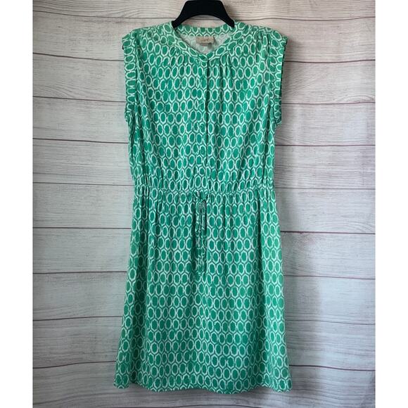 LOFT Green White Sleeveless Dress Tie String Cinch Waist Size Medium - Picture 1 of 11